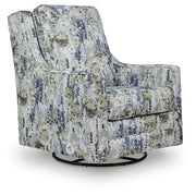 Ashley Furniture Dustinford swivel glider accent chair with plush fabric and wooden legs, shown from an angled side view.