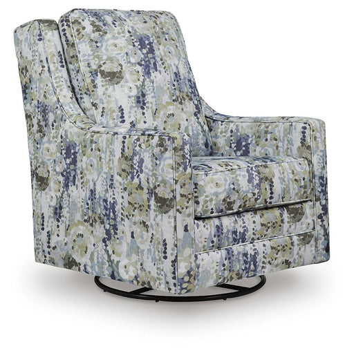 Ashley Furniture Dustinford swivel glider accent chair with plush fabric and wooden legs, shown from an angled side view.