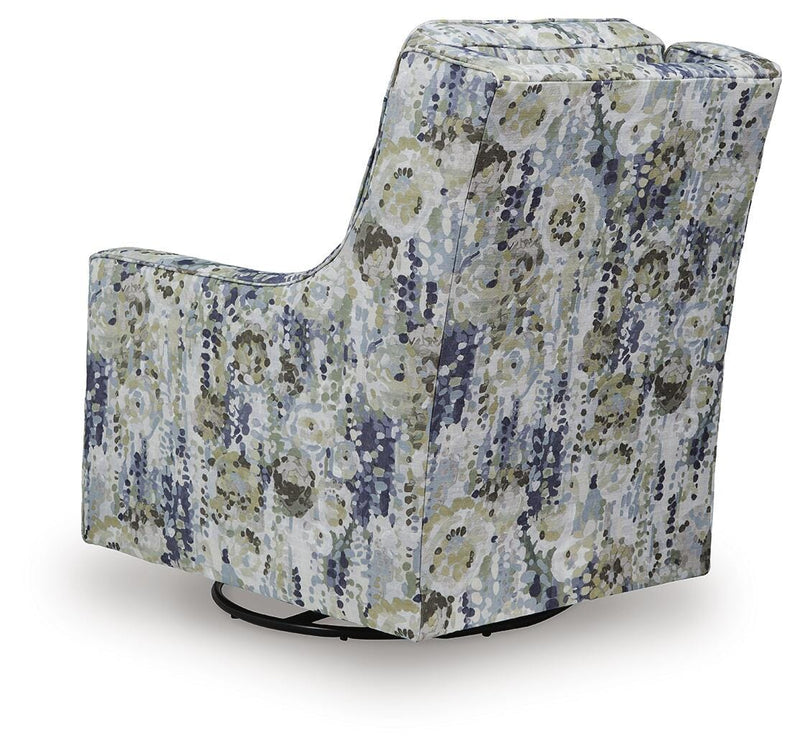 Ashley Furniture Dustinford Swivel Glider Accent Chair with plush fabric, cushioned seat, and wooden base for comfortable seating.