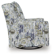Ashley Furniture Dustinford Swivel Glider Accent Chair with plush upholstery and wooden base, shown from a side angle.