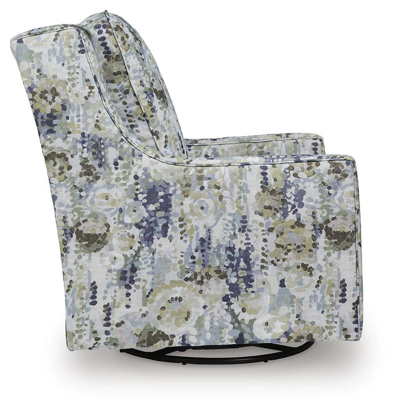 Ashley Furniture Dustinford Swivel Glider Accent Chair with plush upholstery and wooden base, shown from a side angle.