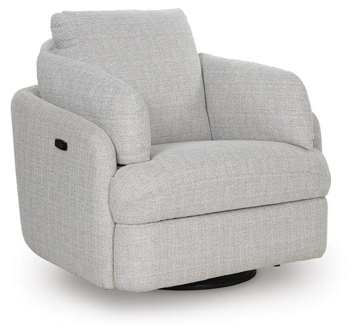 Ashley Furniture Alainmont Next-Gen Nuvella swivel accent chair with plush upholstery and modern design, shown from a side angle.