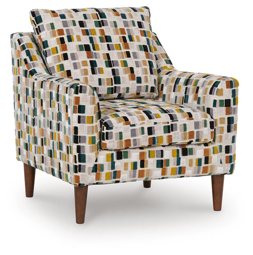 Ashley Furniture Fenna accent chair with plush upholstery and wooden legs, shown from an angled view.