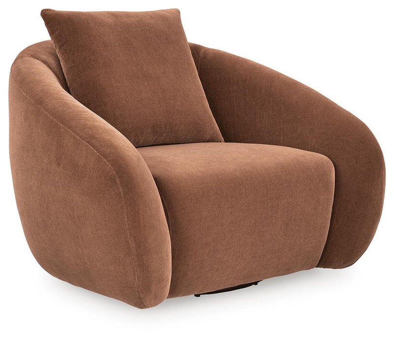 Ashley Furniture Yahya Swivel Accent Chair with plush fabric upholstery and modern design seen from a side angle.