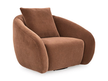 Ashley Furniture Yahya swivel accent chair with plush fabric and wooden legs, shown from a side angle in a modern living room setting.