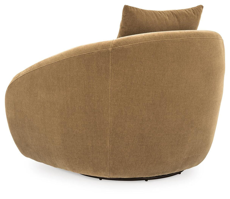 Ashley Furniture Yahya swivel accent chair with plush fabric, featuring a rounded back and modern design, shown from the back view.