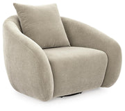 Ashley Furniture Yahya swivel accent chair with beige upholstery and modern design, shown from an angled side view.