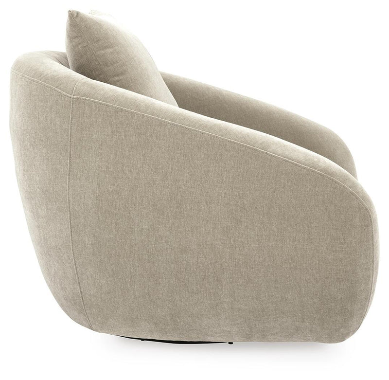 Ashley Furniture Yahya Swivel Accent Chair with plush fabric, rounded armrests, and wooden base, shown from a side angle.