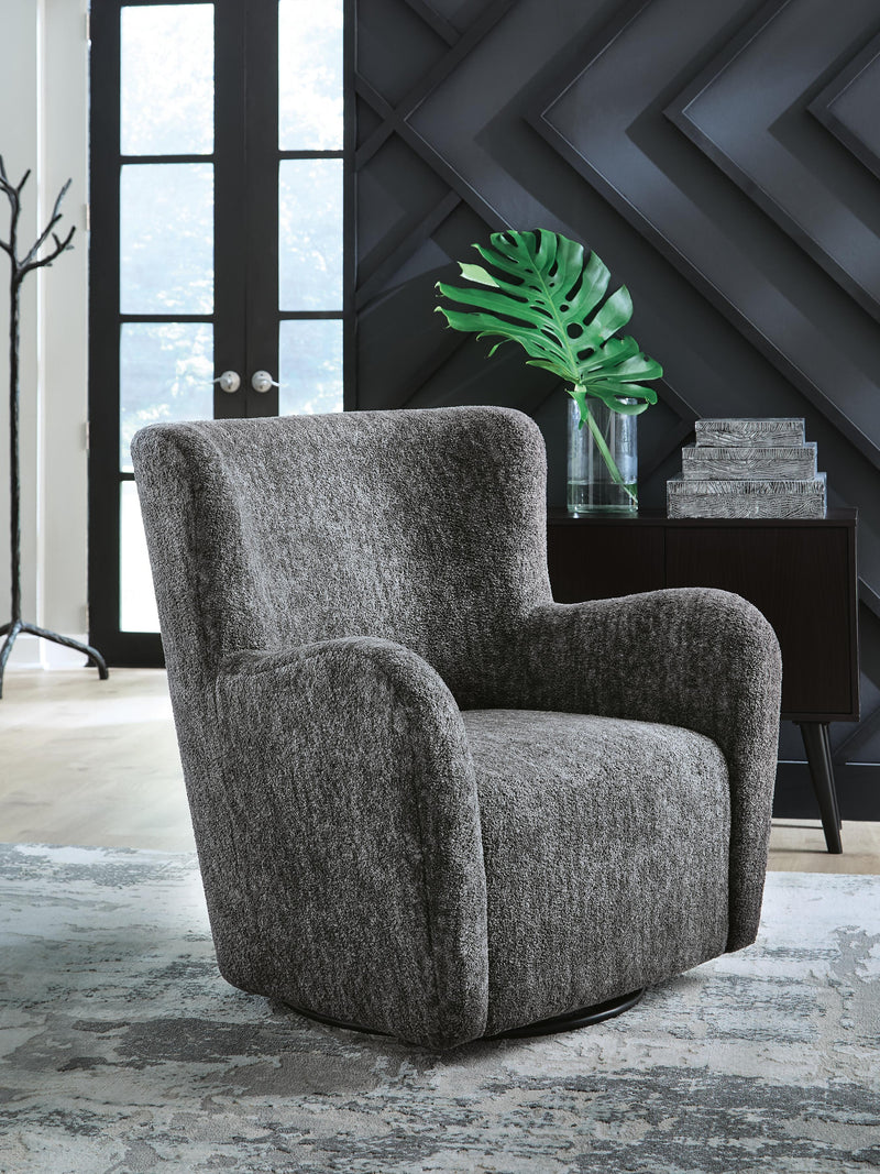 Ashley Furniture Rowenburg Swivel Glider Accent Chair with plush fabric and a modern design, perfect for living room or reading nook.