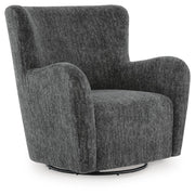 Ashley Furniture Rowenburg swivel glider accent chair with plush upholstery and modern design, shown from an angled side view.