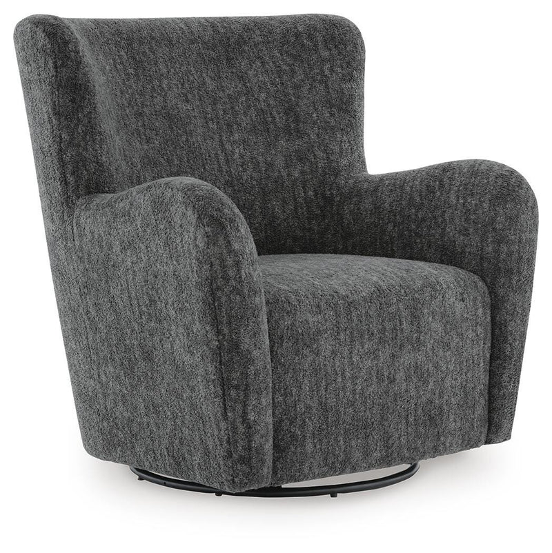 Ashley Furniture Rowenburg swivel glider accent chair with plush upholstery and modern design, shown from an angled side view.