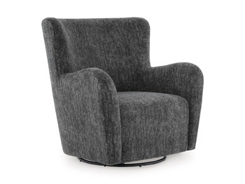 Ashley Furniture Rowenburg swivel glider accent chair with cushioned seat and back, shown from an angled side view.