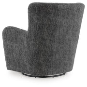 Ashley Furniture Rowenburg swivel glider accent chair with plush cushions and wooden legs, shown from the back in a cozy living space.