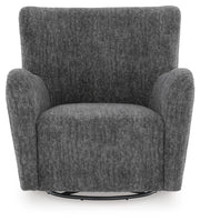 Ashley Furniture Rowenburg swivel glider accent chair with plush fabric and a modern design, shown in a head-on view.