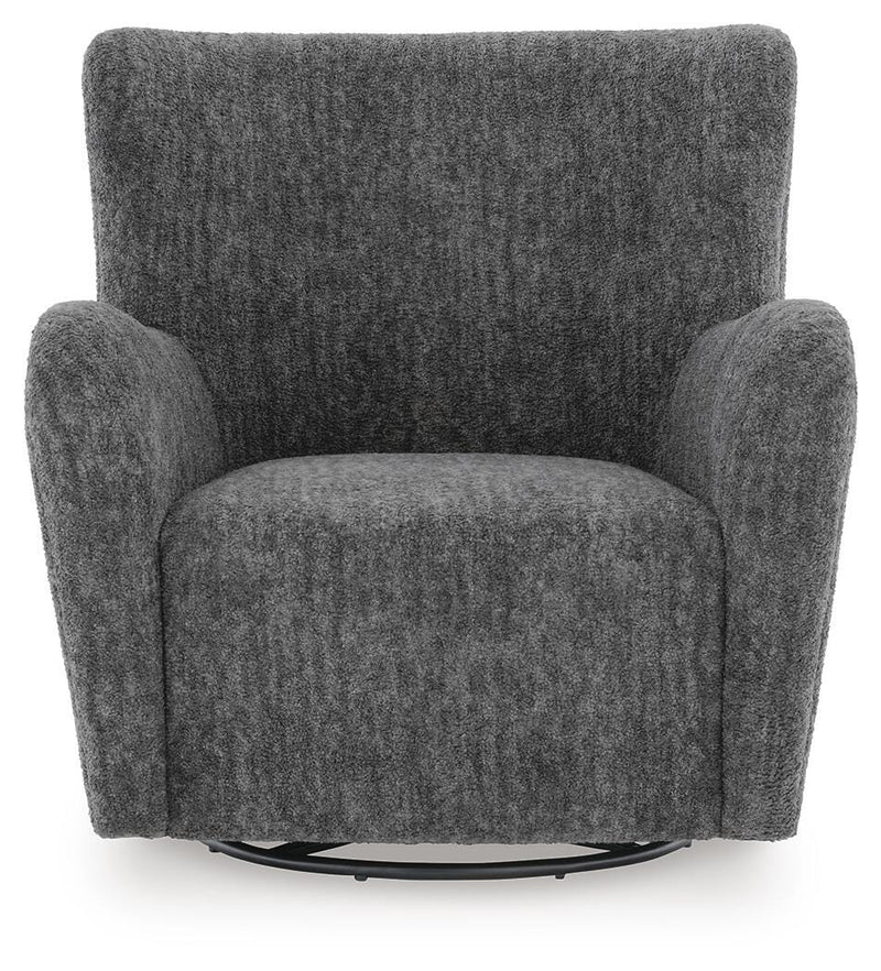 Ashley Furniture Rowenburg swivel glider accent chair with plush fabric and a modern design, shown in a head-on view.