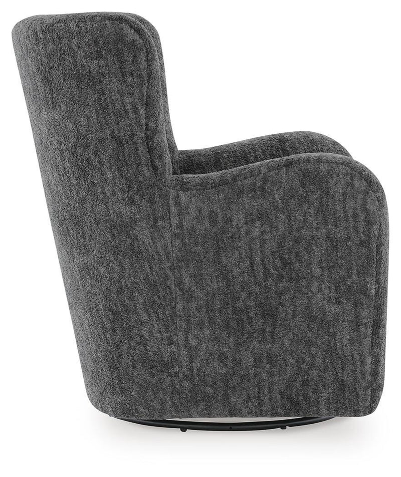 Ashley Furniture Rowenburg swivel glider accent chair with plush fabric and a comfortable, modern design shown from the side.