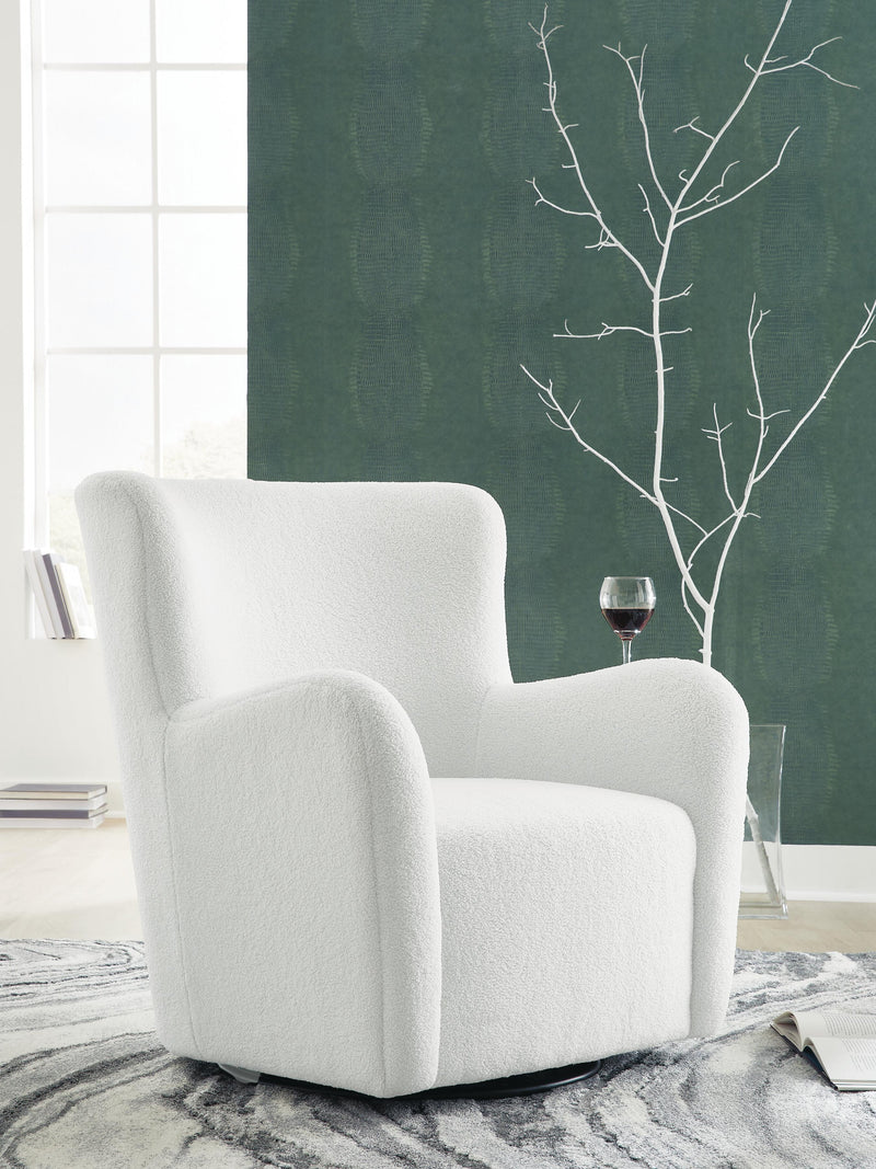 Ashley Furniture Rowenburg swivel glider accent chair with plush cushioning and wooden legs, ideal for cozy living spaces.