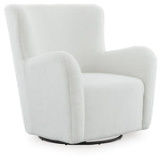 Ashley Furniture Rowenburg swivel glider accent chair with plush cushioning and wooden legs, shown from a side angle.