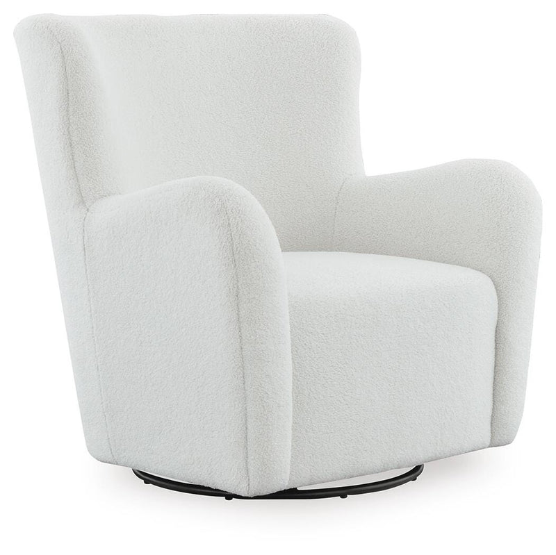 Ashley Furniture Rowenburg swivel glider accent chair with plush cushioning and wooden legs, shown from a side angle.