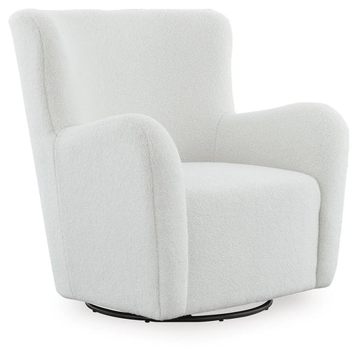 Ashley Furniture Rowenburg swivel glider accent chair with plush cushioning and wooden legs, shown from a side angle.