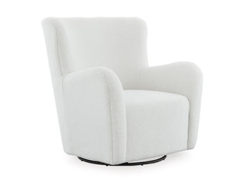 Ashley Furniture Rowenburg swivel glider accent chair with plush upholstery and wooden base, shown from an angled view.