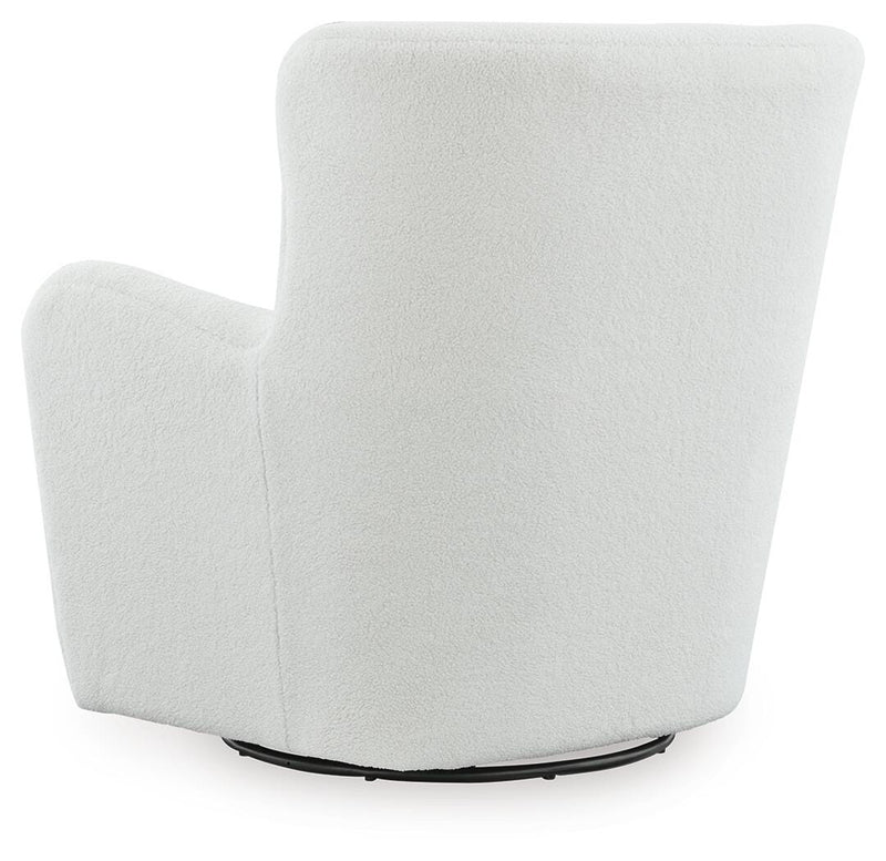 Ashley Furniture Rowenburg Swivel Glider Accent Chair in neutral fabric, showing a comfortable, modern design with a rounded back.