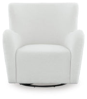 Ashley Furniture Rowenburg swivel glider accent chair with plush upholstery and a modern design, shown in a head-on view.