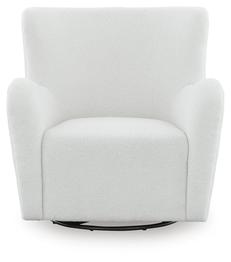 Ashley Furniture Rowenburg swivel glider accent chair with plush upholstery and a modern design, shown in a head-on view.
