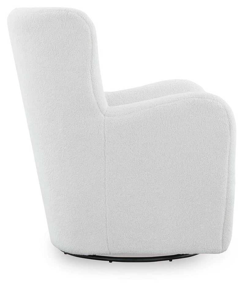 Ashley Furniture Rowenburg swivel glider accent chair in neutral fabric, shown from side view with plush cushioning and wooden base.