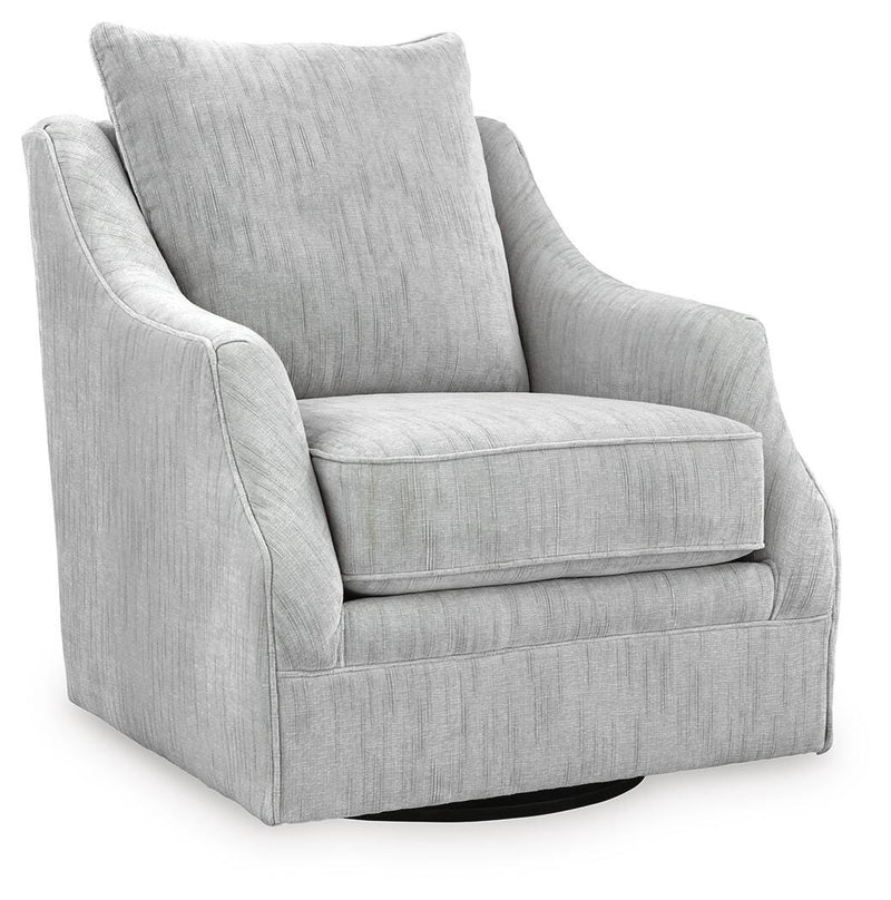 Ashley Furniture Gubbins swivel accent chair with a cozy, plush fabric and modern design, shown from a side angle.