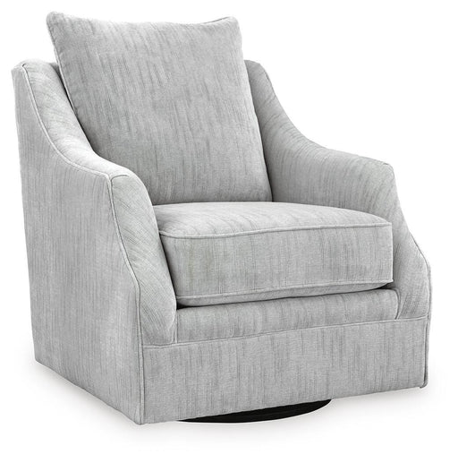 Ashley Furniture Gubbins swivel accent chair with a cozy, plush fabric and modern design, shown from a side angle.