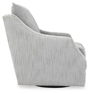 Ashley Furniture Gubbins swivel accent chair with a cozy, upholstered design and wooden base, shown from a side angle.
