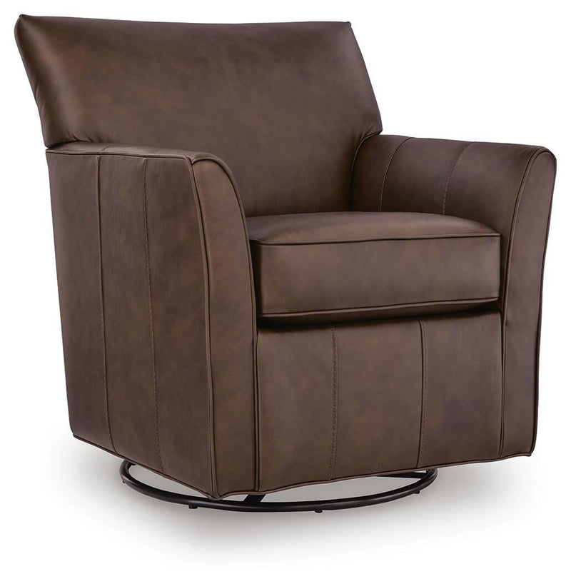 Ashley Furniture Braydunn swivel glider accent chair with plush upholstery and modern design, shown from an angled view.