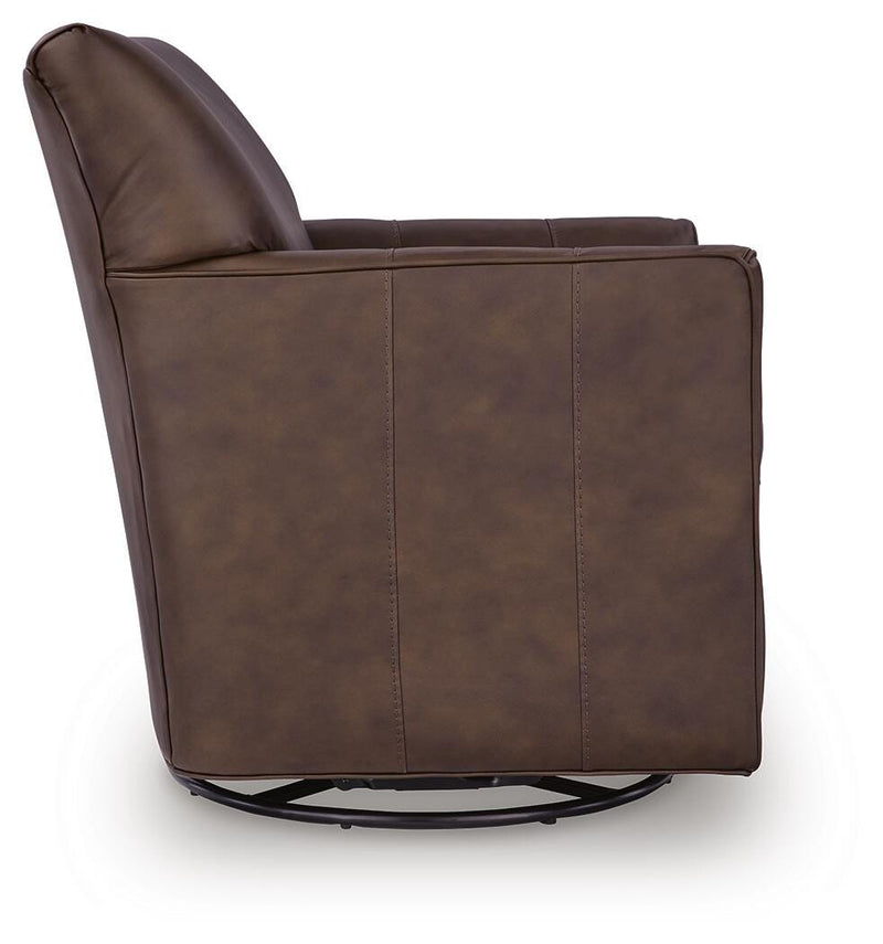 Ashley Furniture Braydunn swivel glider accent chair with plush upholstery and wooden base, shown from side view.