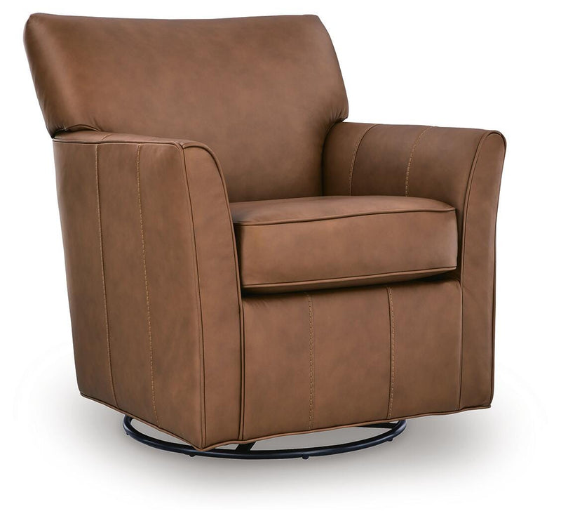 Ashley Furniture Braydunn swivel glider accent chair with plush upholstery and modern design, shown from an angled side view.