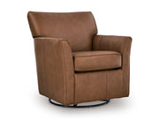 Ashley Furniture Braydunn swivel glider accent chair with plush fabric and curved armrests, shown from an angled side view.