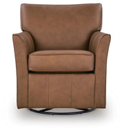 Ashley Furniture Braydunn swivel glider accent chair with plush upholstery and wooden legs, shown from a head-on perspective.