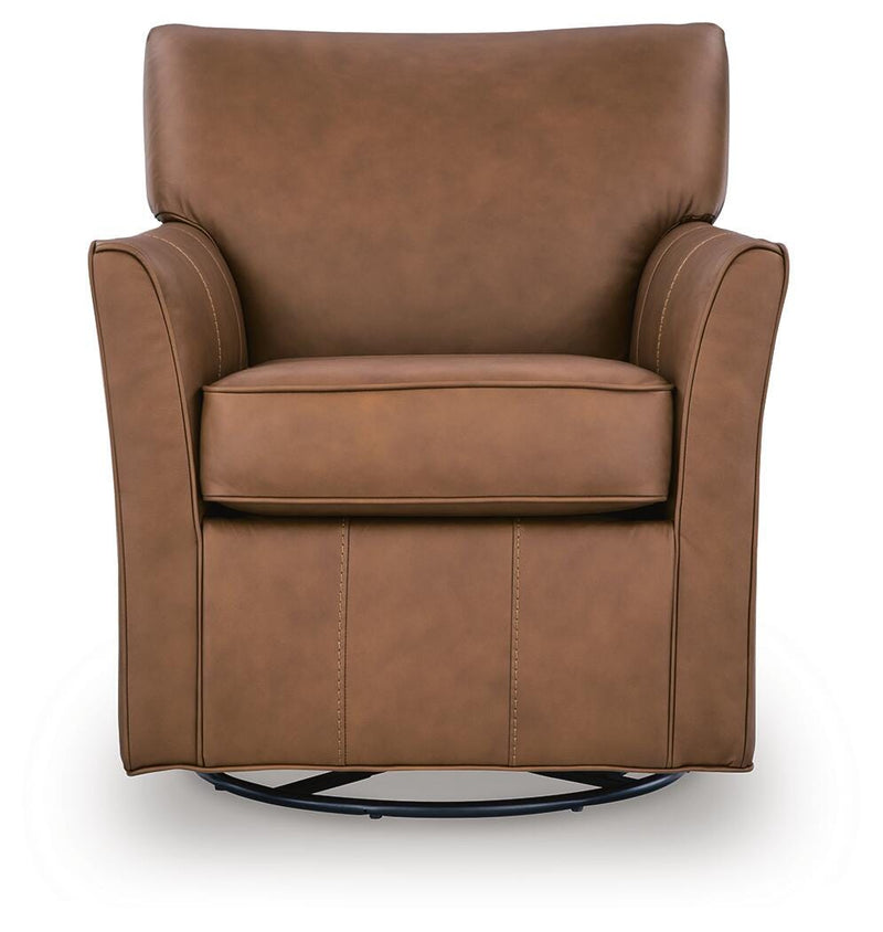 Ashley Furniture Braydunn swivel glider accent chair with plush upholstery and wooden legs, shown from a head-on perspective.