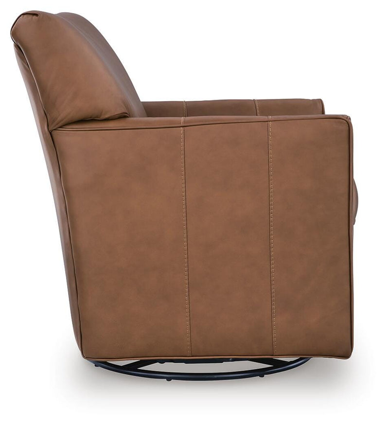 Ashley Furniture Braydunn swivel glider accent chair with soft upholstery and modern design, shown from a side view.