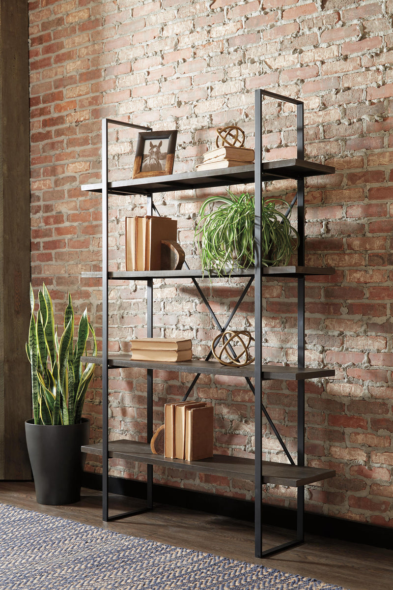 Ashley Furniture Gilesgrove bookcase with wood shelves and open storage, showcasing a classic design in a home office setting.