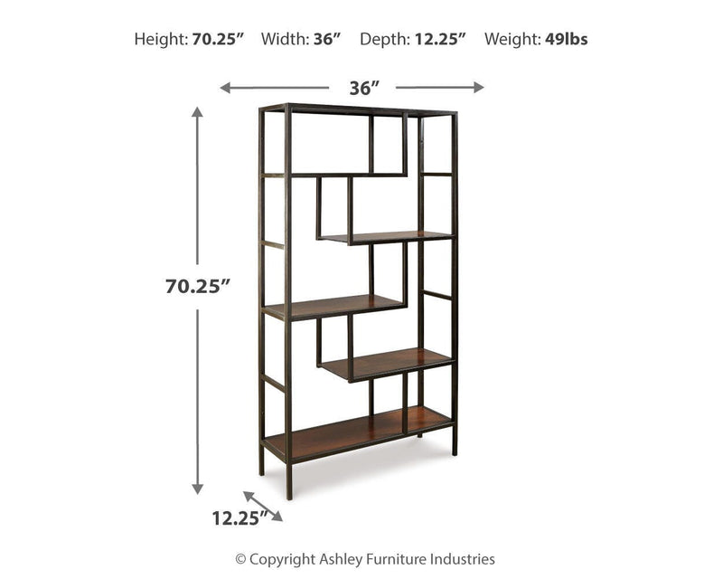 Ashley Furniture Frankwell Bookcase with dark wood finish and multiple shelves for storing books and decorative items.