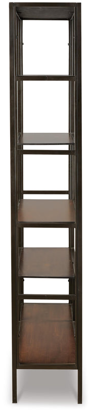 Ashley Furniture Frankwell Bookcase with multiple shelves and storage compartments, made of dark wood.
