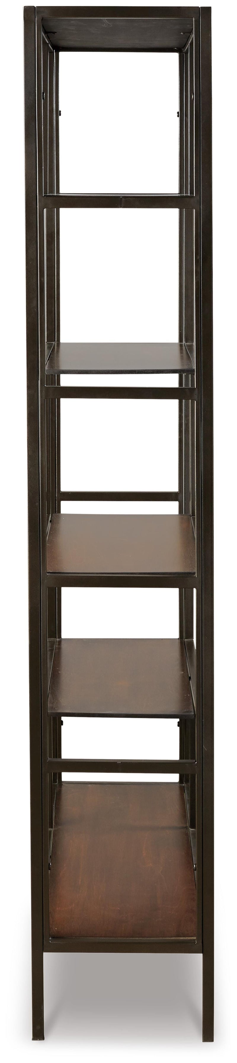Ashley Furniture Frankwell Bookcase with multiple shelves and storage compartments, made of dark wood.