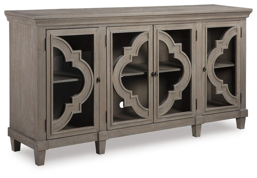 Ashley Furniture Fossil Ridge accent cabinet with a rustic wood finish and modern hardware, ideal for living room or entryway decor.