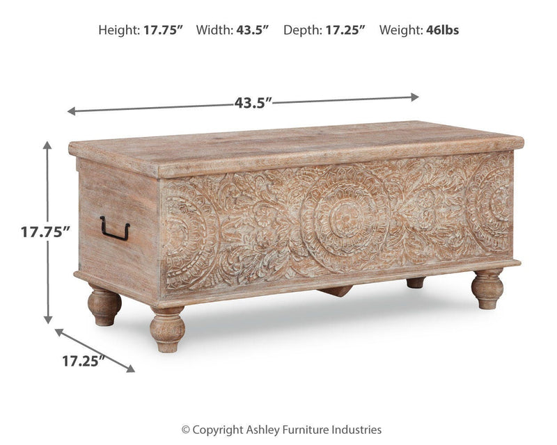 Fossil Ridge storage bench by Ashley Furniture featuring wooden construction and cushioned top for seating and storage.