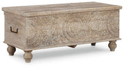 Fossil Ridge storage bench by Ashley Furniture with a wooden top and built-in storage compartment for organization.
