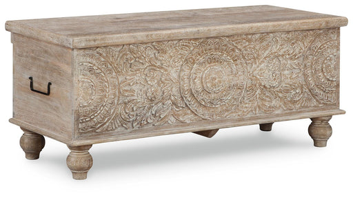 Fossil Ridge storage bench by Ashley Furniture with a wooden top and built-in storage compartment for organization.