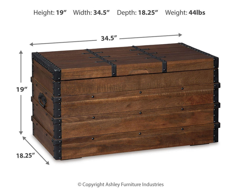 Ashley Furniture Kettleby Storage Trunk, wooden trunk with metal accents, vintage-inspired design, ideal for storage and decor.