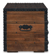 Ashley Furniture Kettleby Storage Trunk, side view showing wooden finish and sturdy construction, ideal for storage and decor.