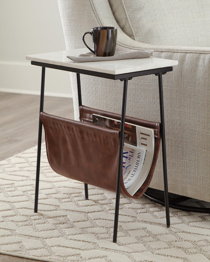 Ashley Furniture Etanbury Accent Table with wooden top and metal legs, modern design for living room decor.